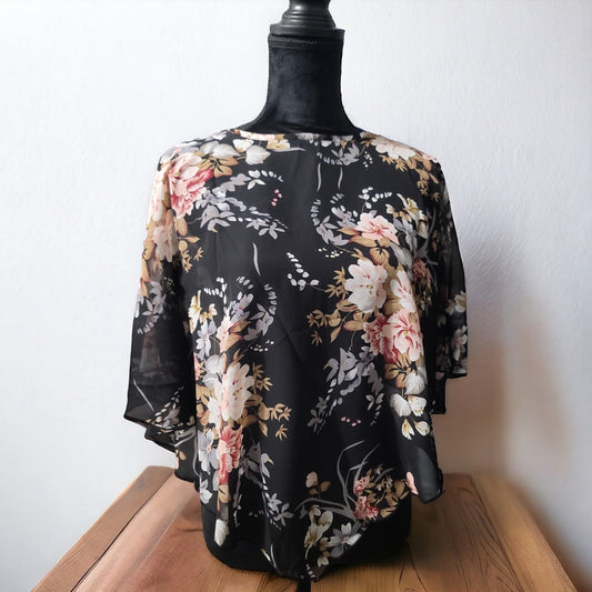 Floral Print Asymmetrical Sheer Poncho Blouse Size M