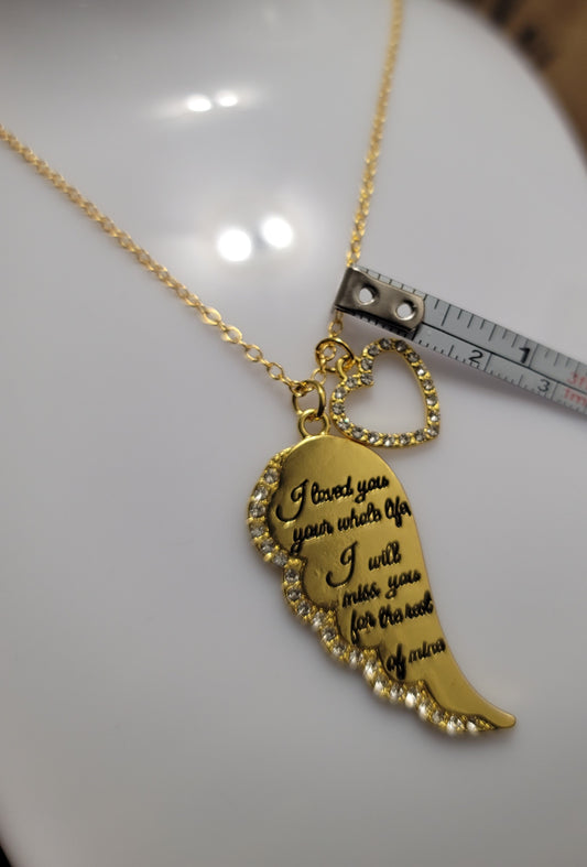 Gold rhinestone wing heart loved one necklace