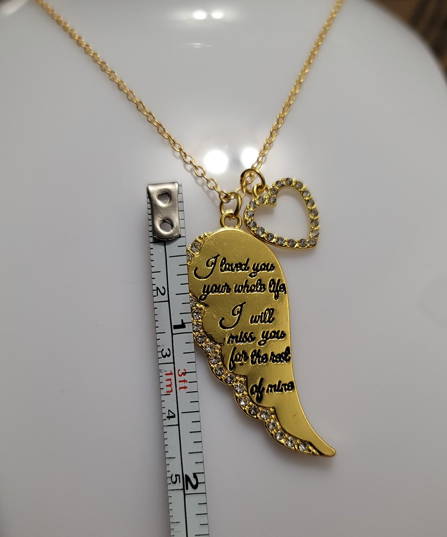 Gold rhinestone wing heart loved one necklace