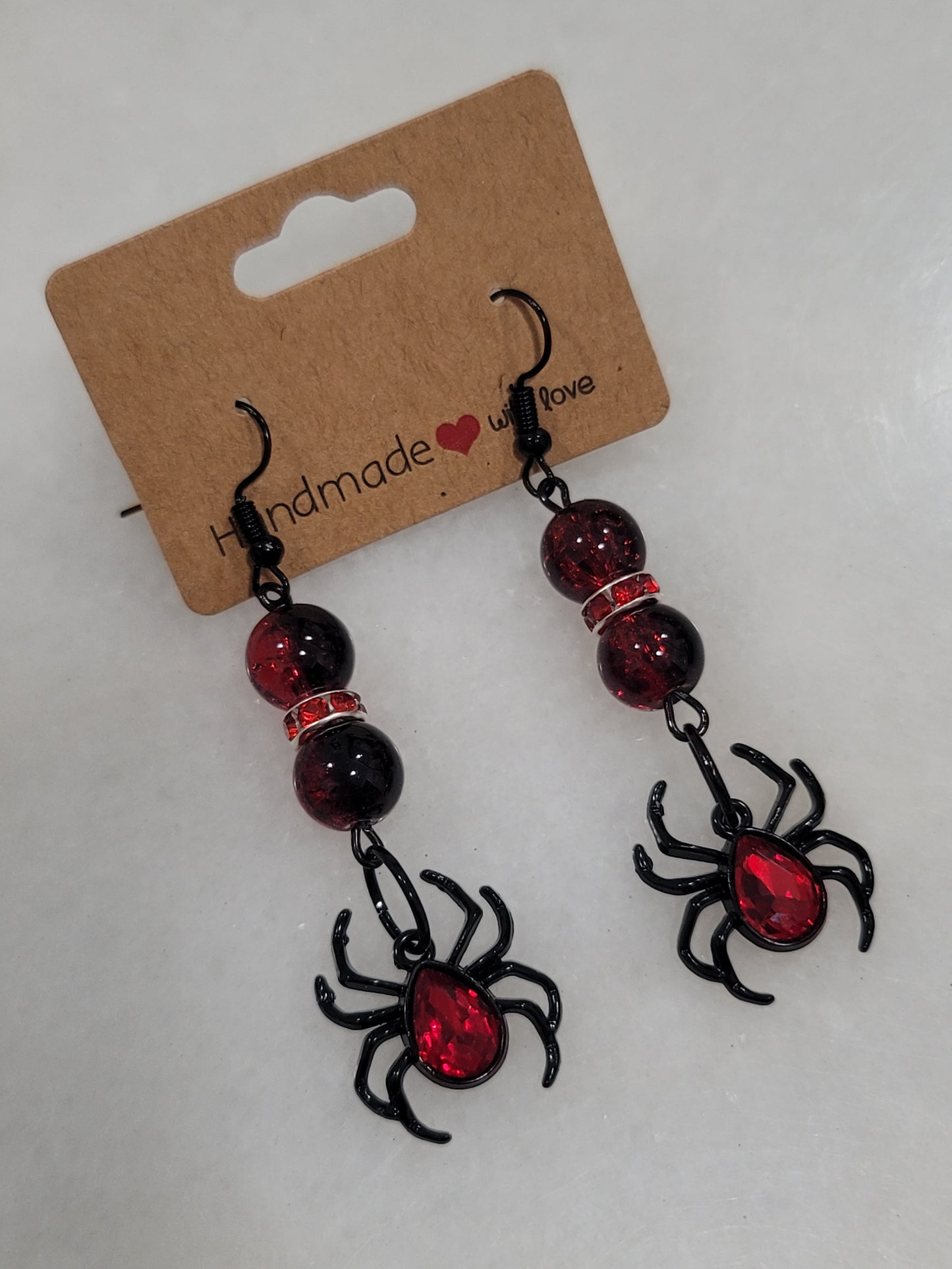 Handmade by BB Halloween spider Black red glass bead dangle earrings