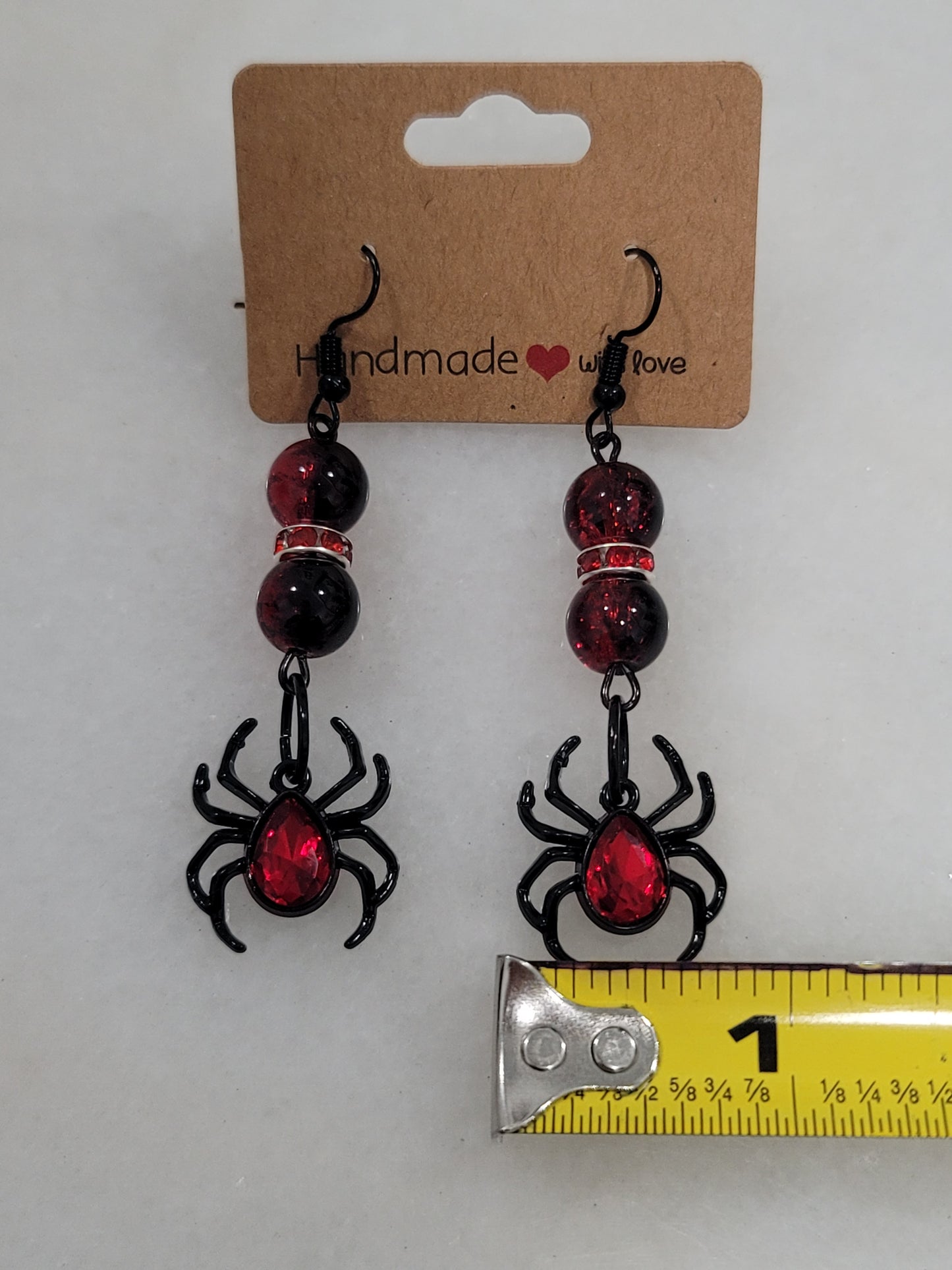 Handmade by BB Halloween spider Black red glass bead dangle earrings