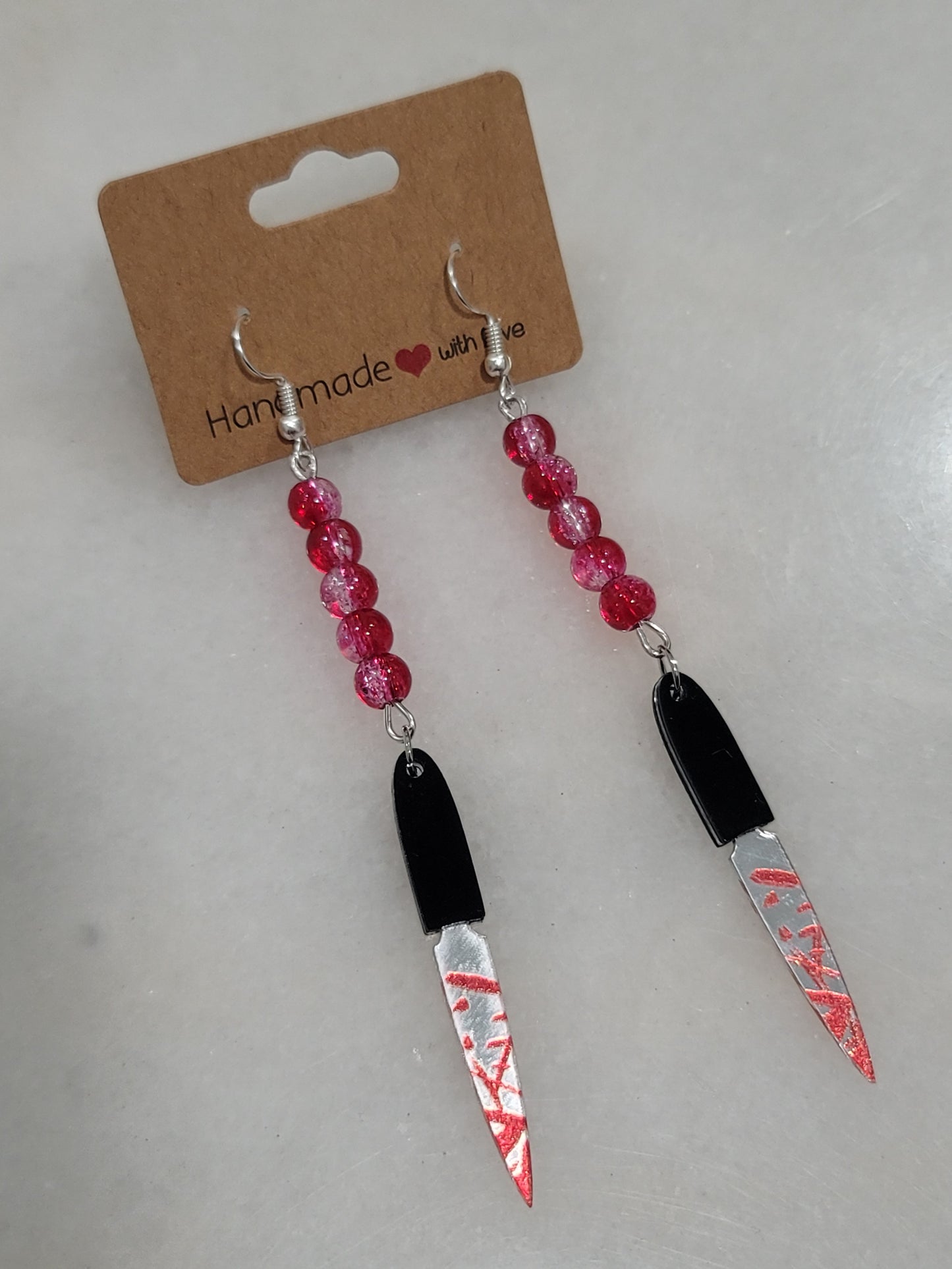 Handmade by BB Halloween bloody knife dangle bead earrings