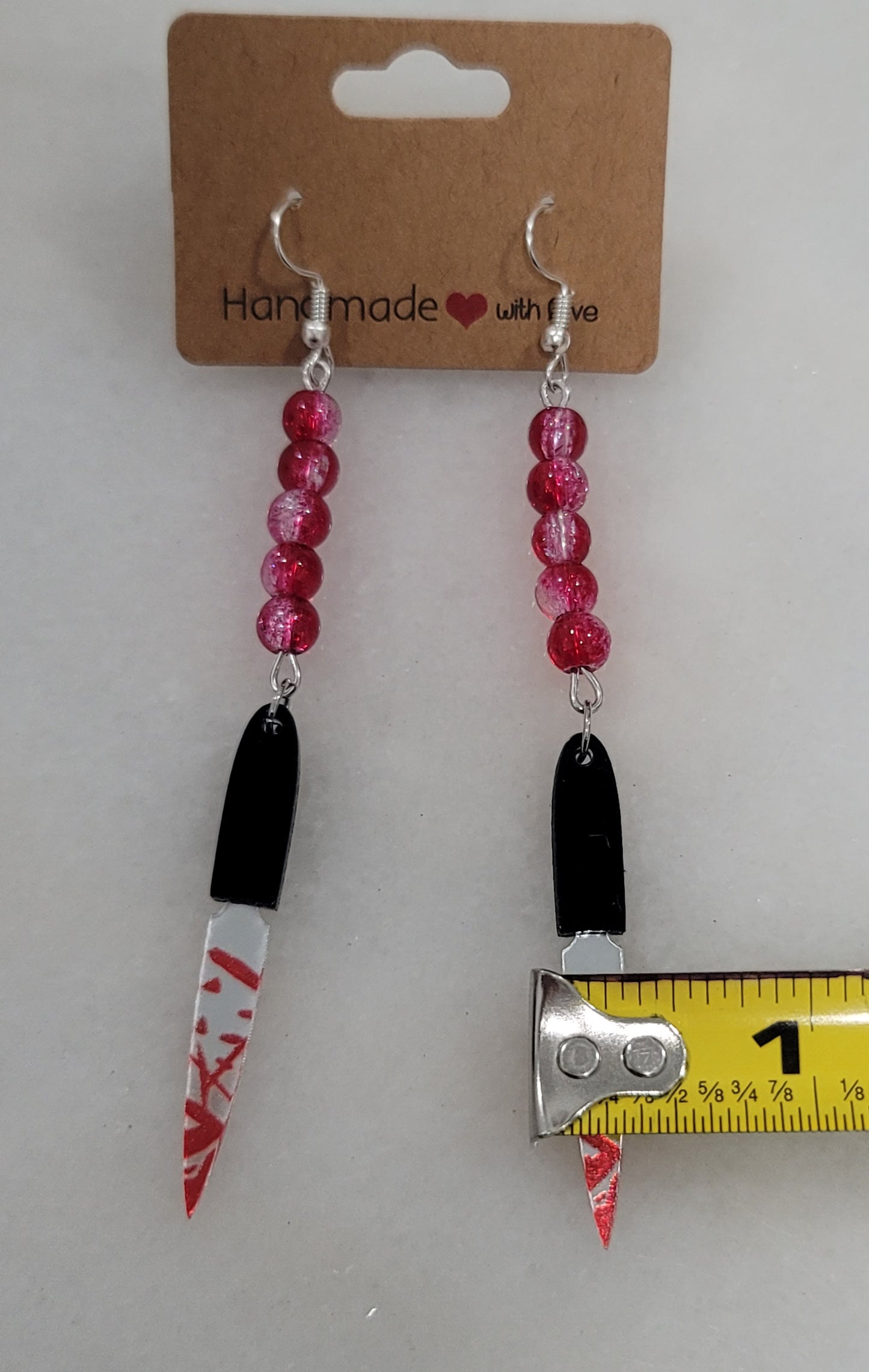 Handmade by BB Halloween bloody knife dangle bead earrings