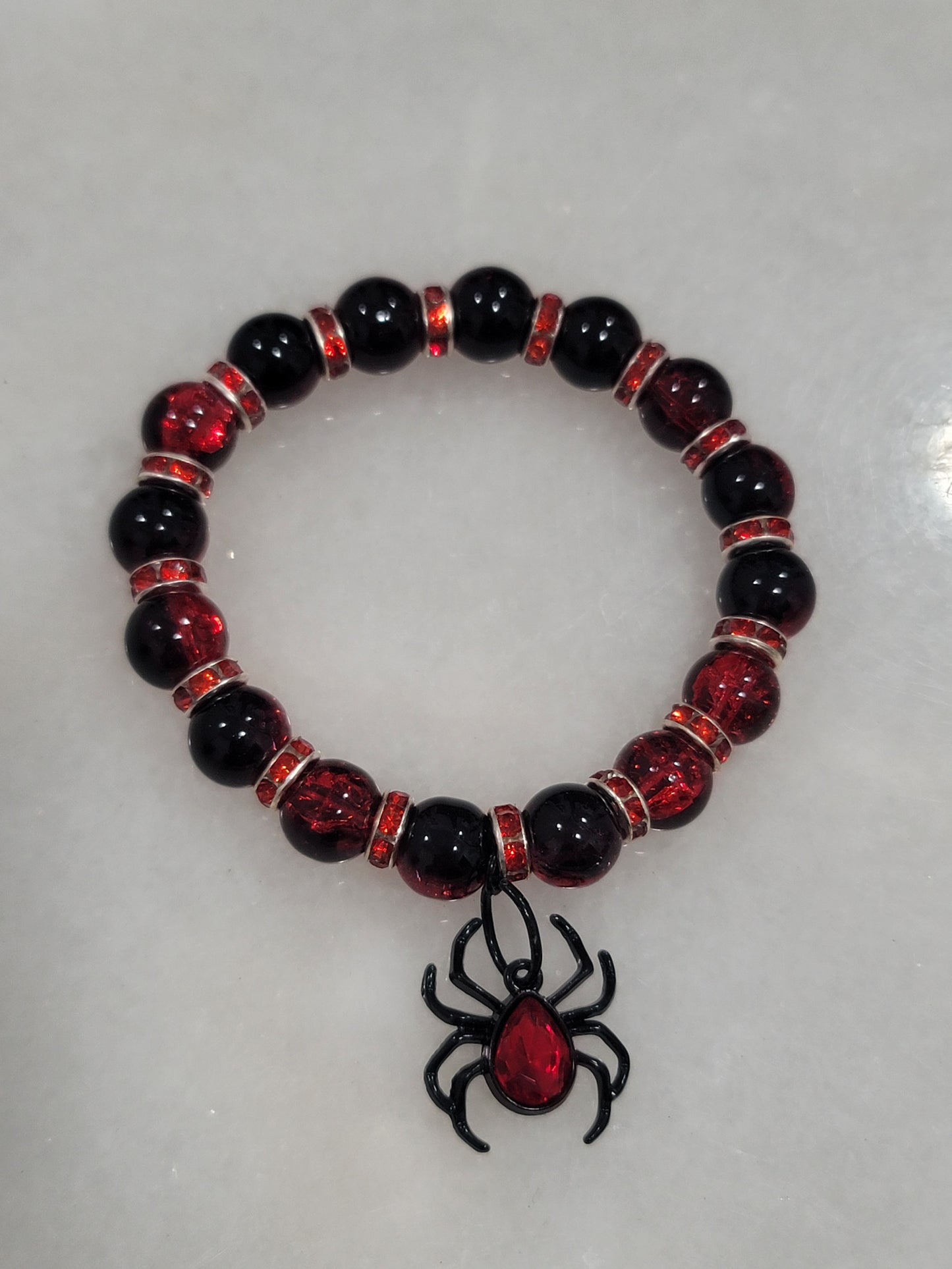 Handmade by BB Halloween spider Black red glass bead stretch bracelet