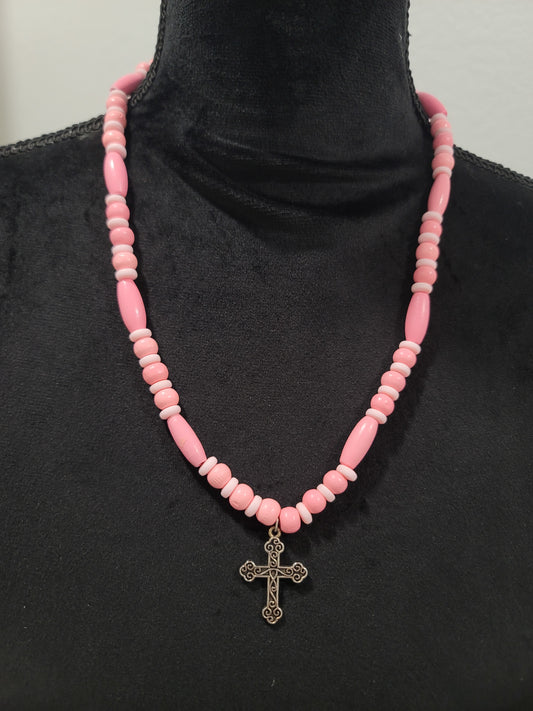 Handmade Pink Cross wood beaded necklace by BB