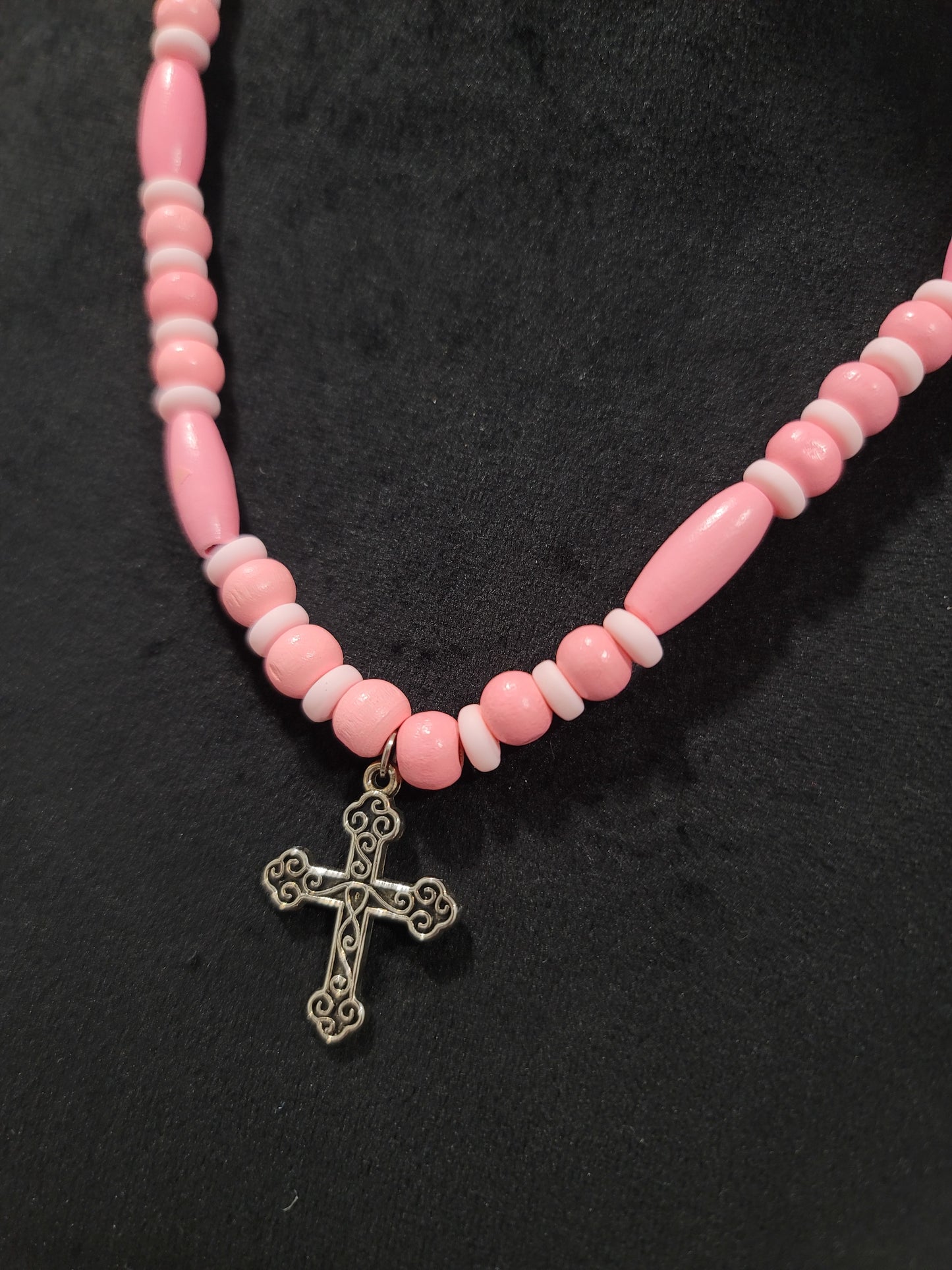 Handmade Pink Cross wood beaded necklace by BB