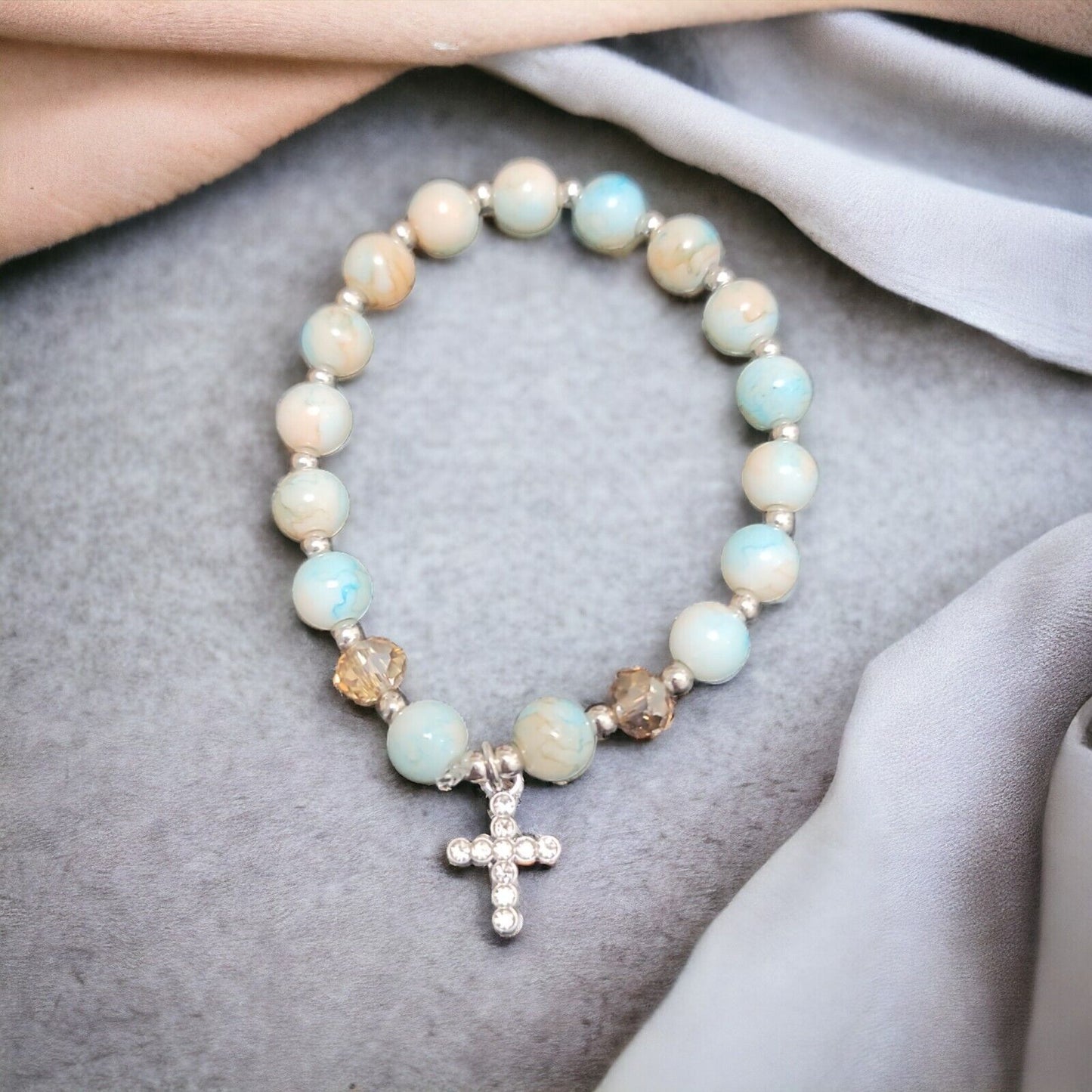 Rhinestone Cross Bracelet Glass Bead Stretch