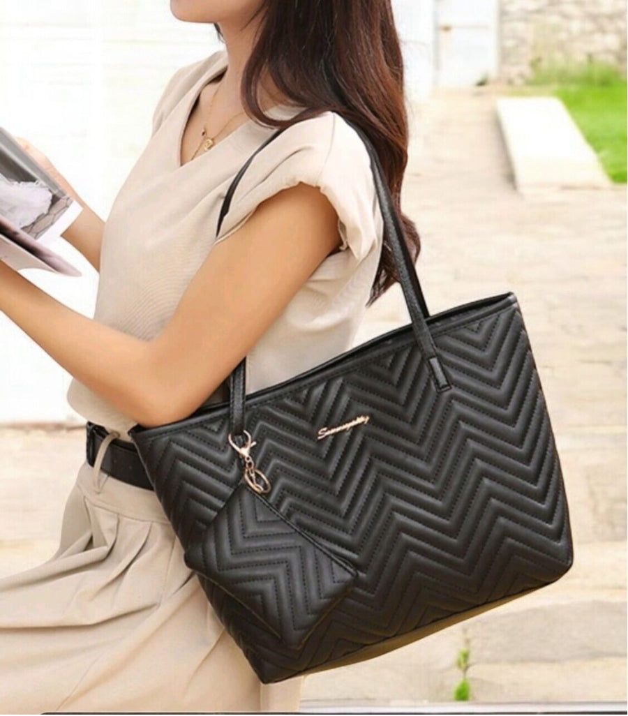 Black PU leather Tote Shoulder Bag And Pouch