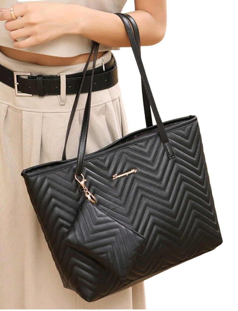 Black PU leather Tote Shoulder Bag And Pouch