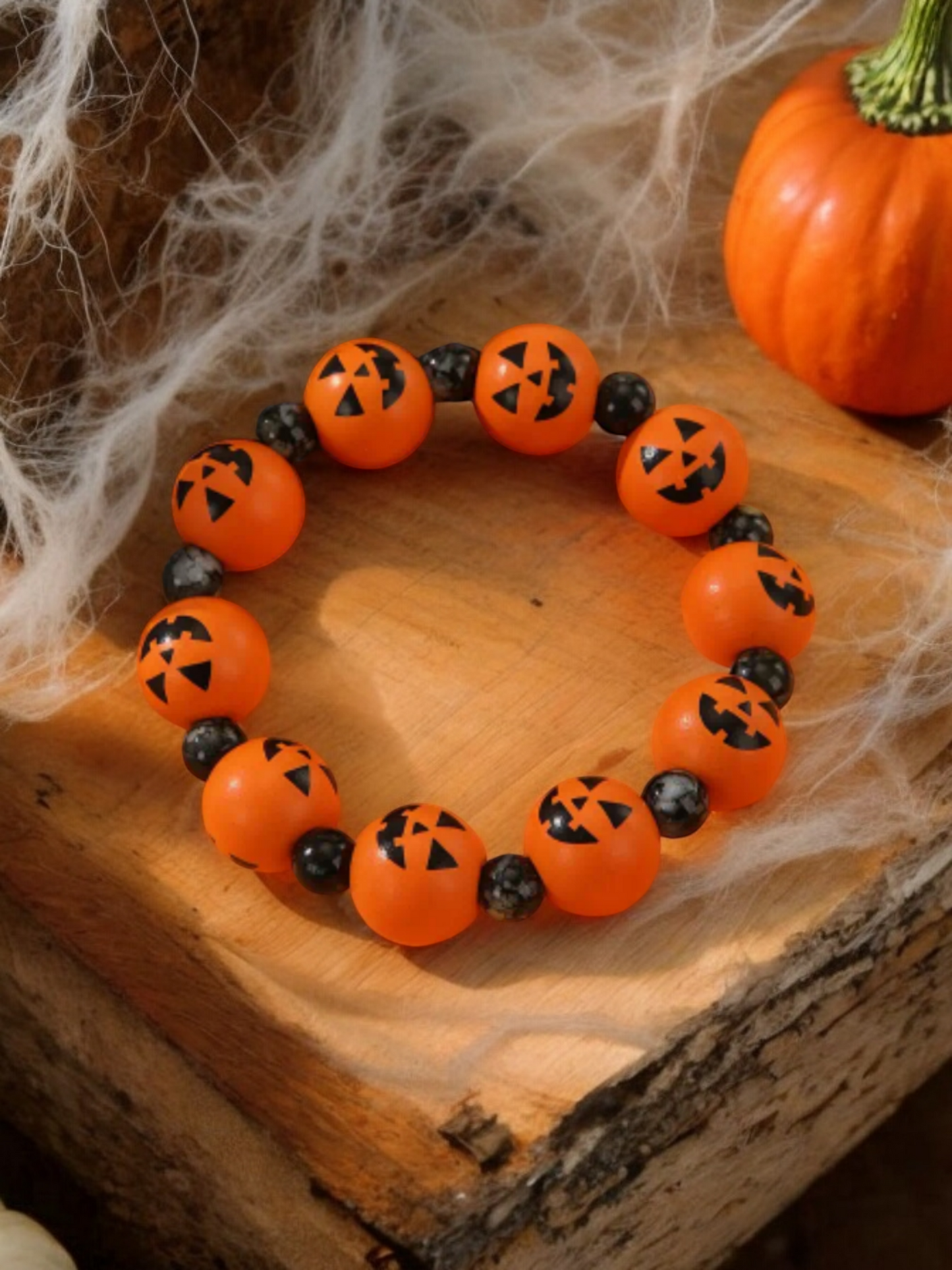 Pumpkin Halloween wood bead stretch bracelet