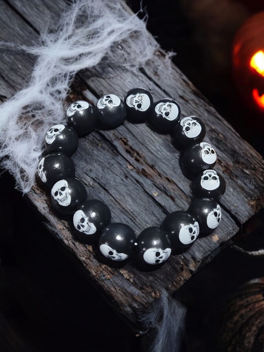 Skull halloween wood bead stretch bracelet