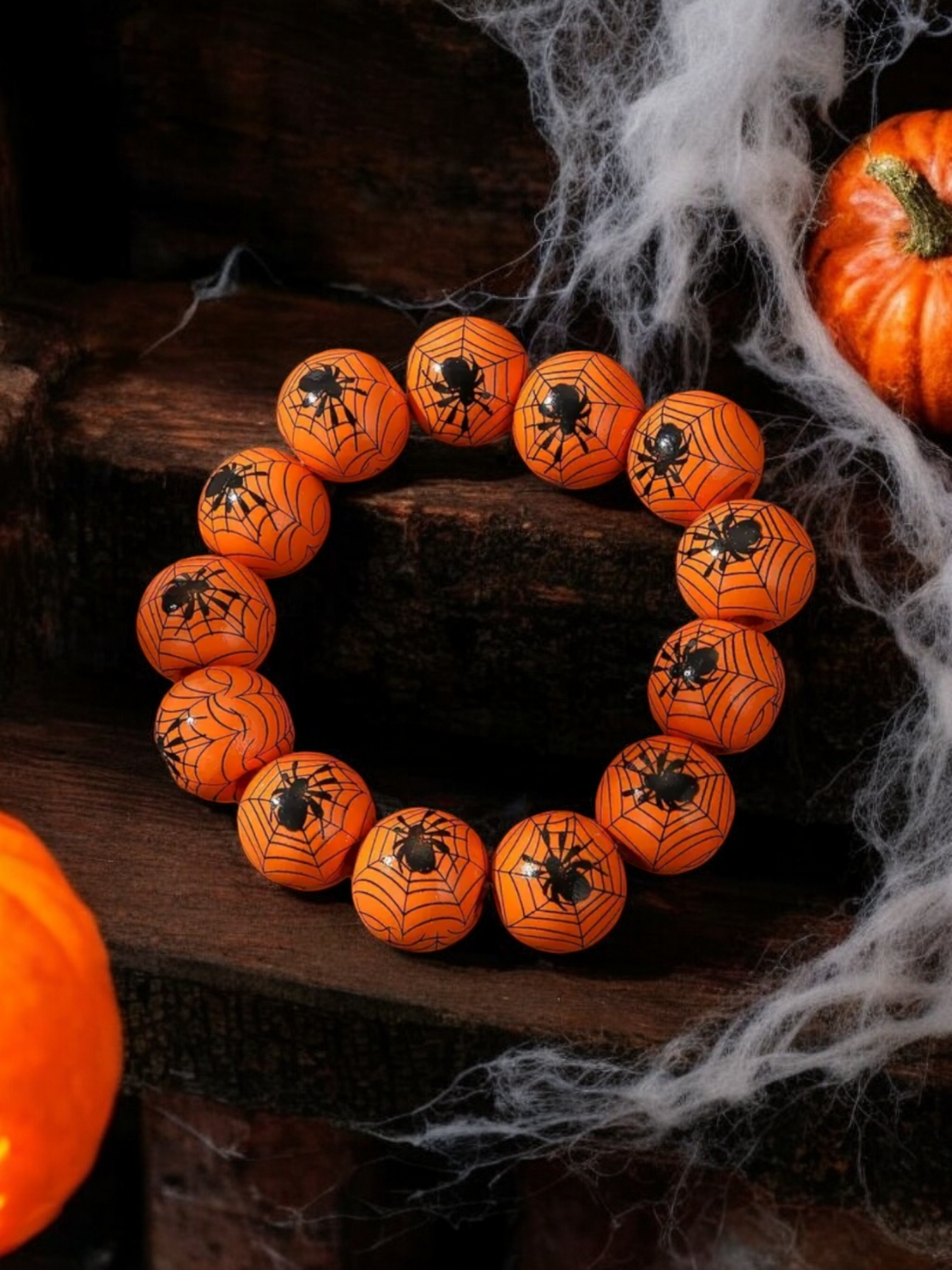 Spider halloween wood bead stretch bracelet