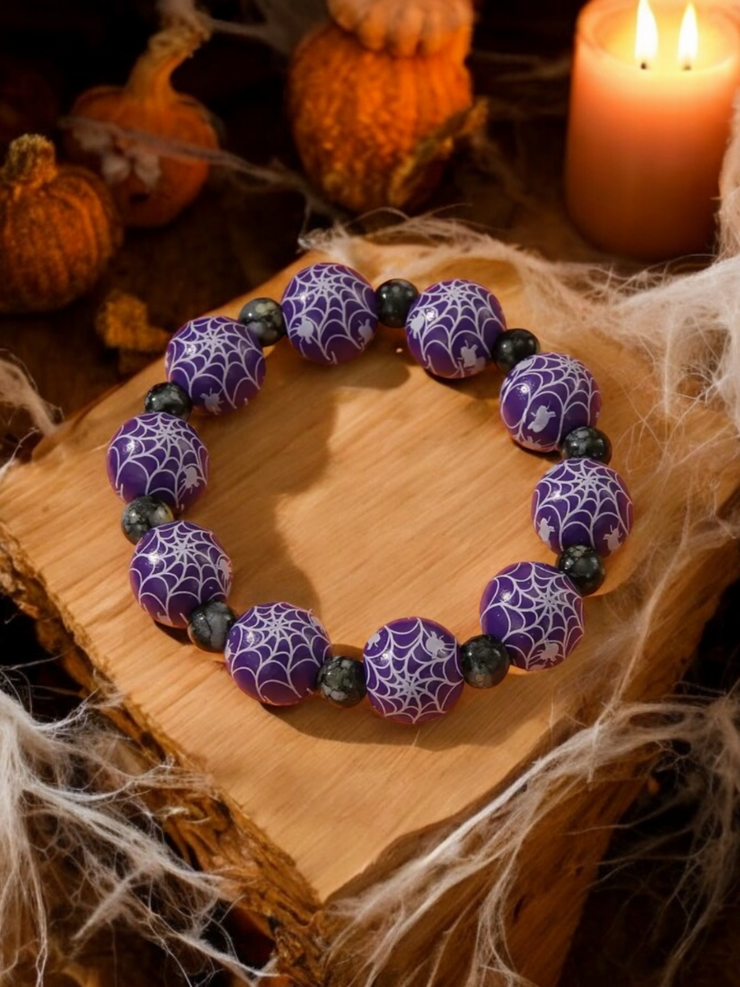 Spider web halloween wood bead stretch bracelet