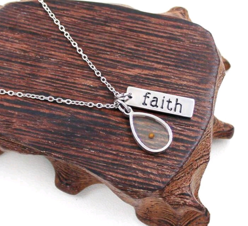 Faith Mustard Seed Water Drop Pendant Stainless Steel Necklace