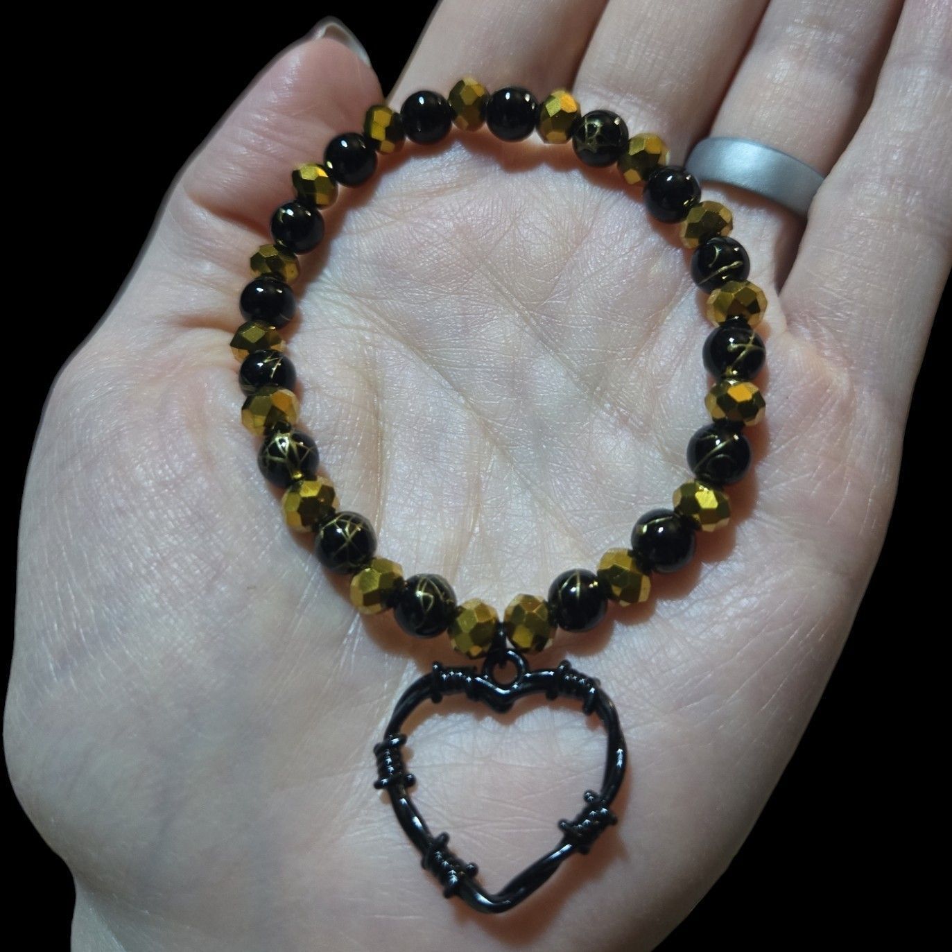 Valentines Gothic Heart Stretchy Bead Bracelet Handmade By BB