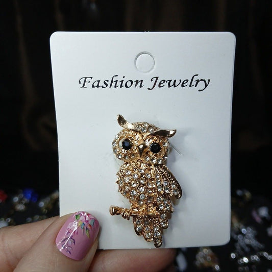 Gold Tone Rhinestone Owl Brooch