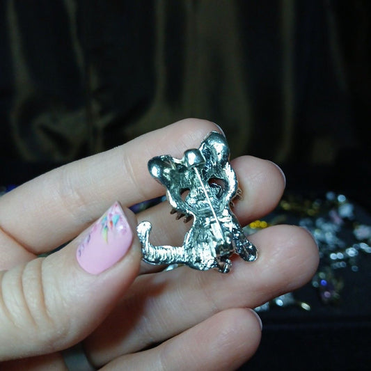 Silver Tone Rhinestone Cat Brooch