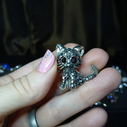 Silver Tone Rhinestone Cat Brooch