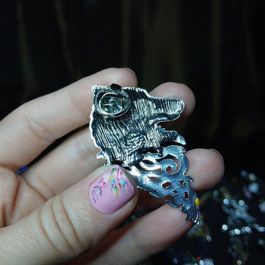 Silver Tone Wolf Brooch Pin