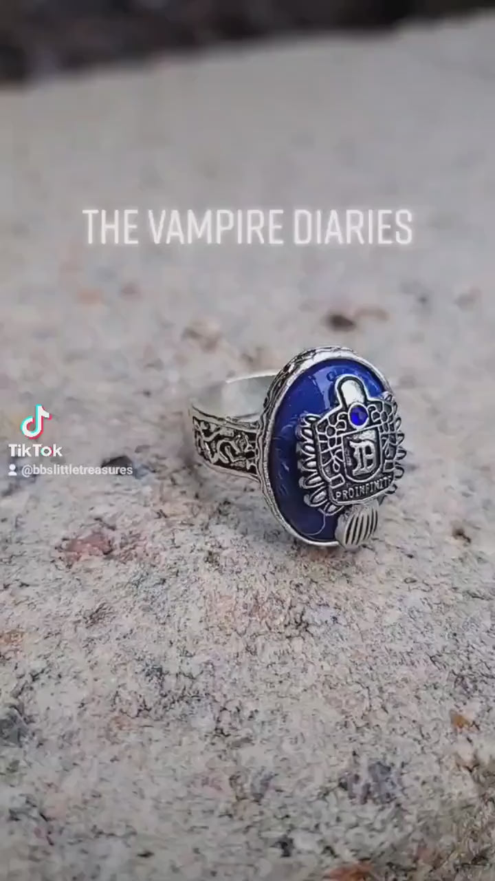 Vampire Diaries Damon Salvatore silver blue stone ring