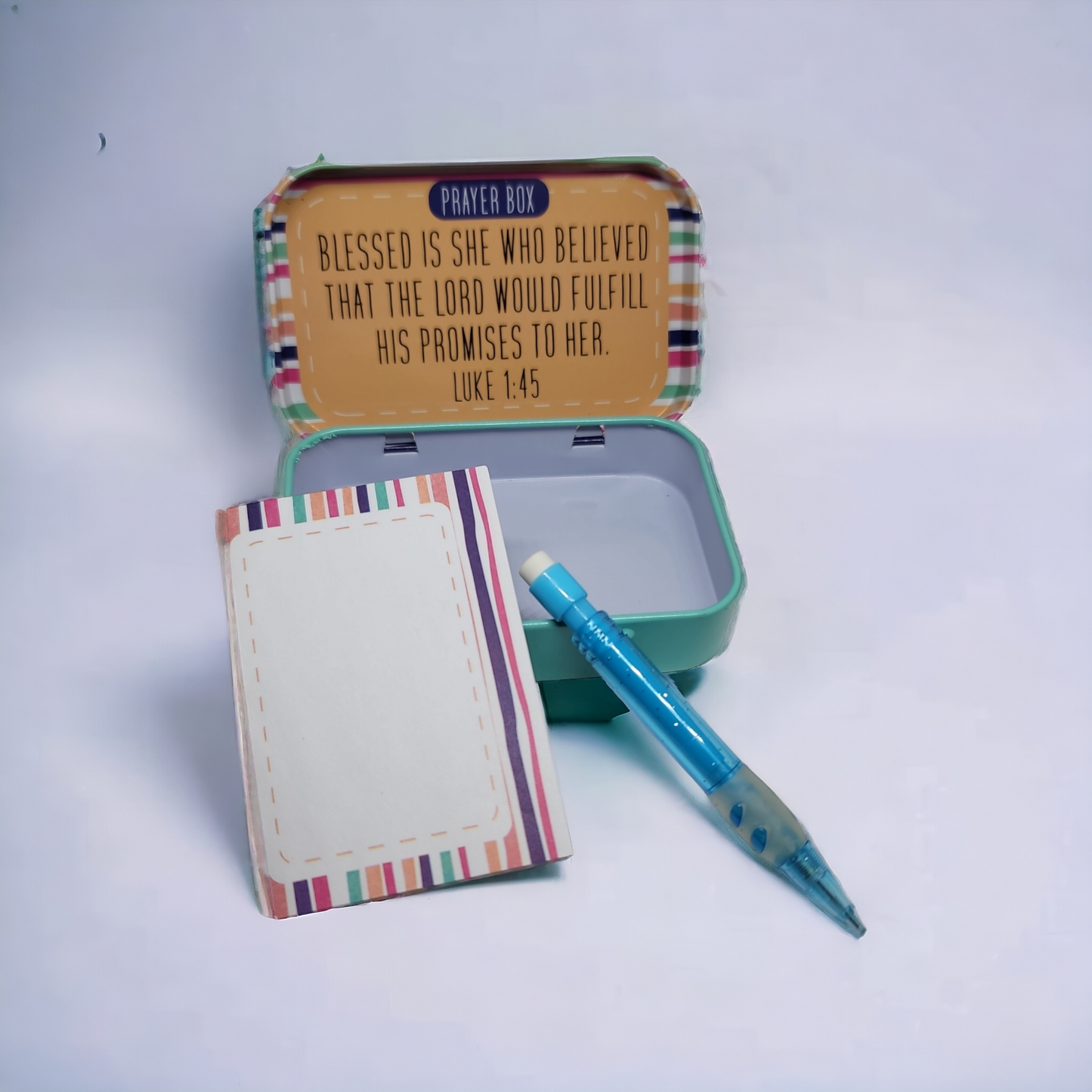 Metal Tin Prayer Box Mini Notepad Pencil