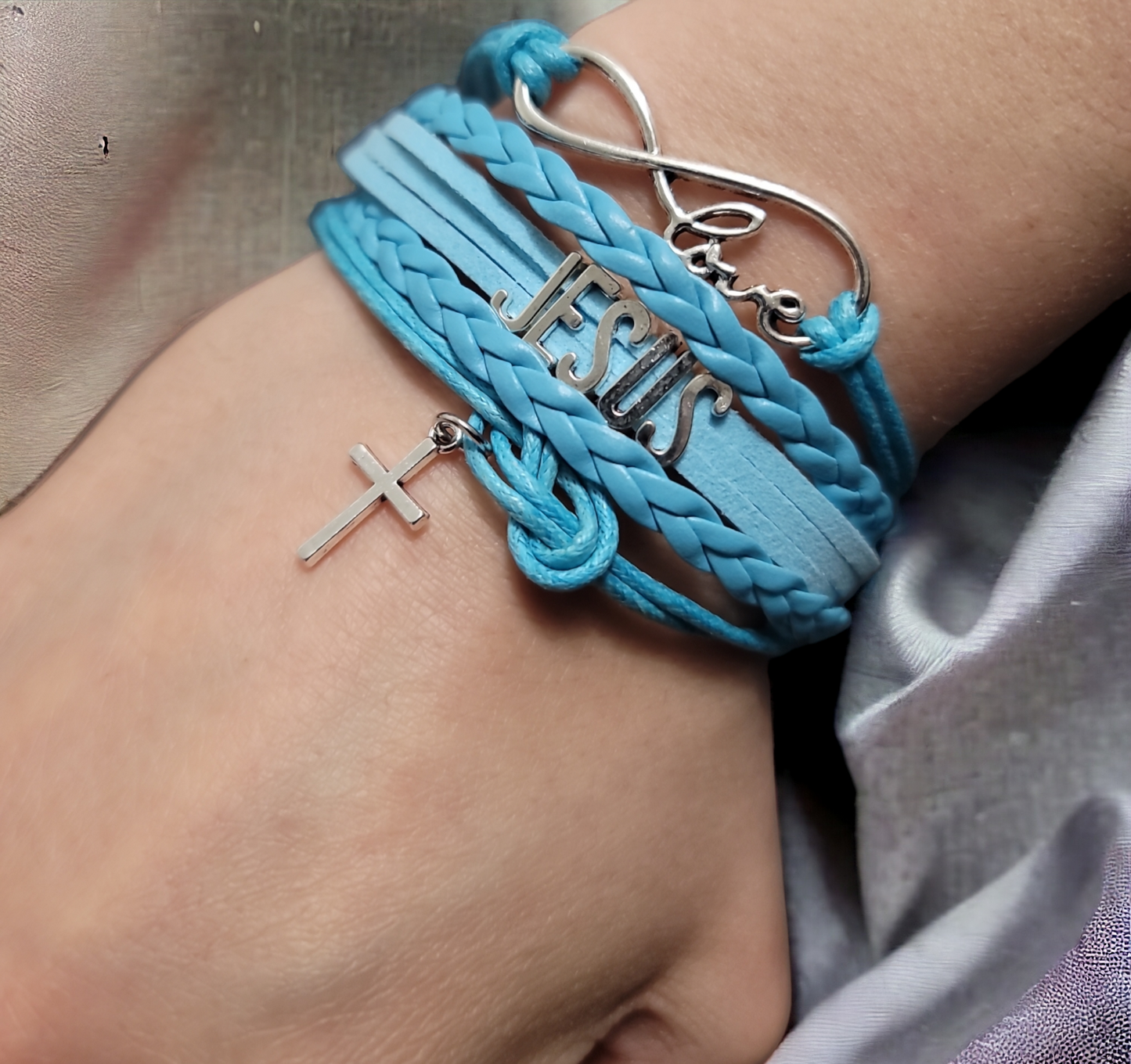 Blue Multilayer Jesus Bracelet Religious Cross Bracelet