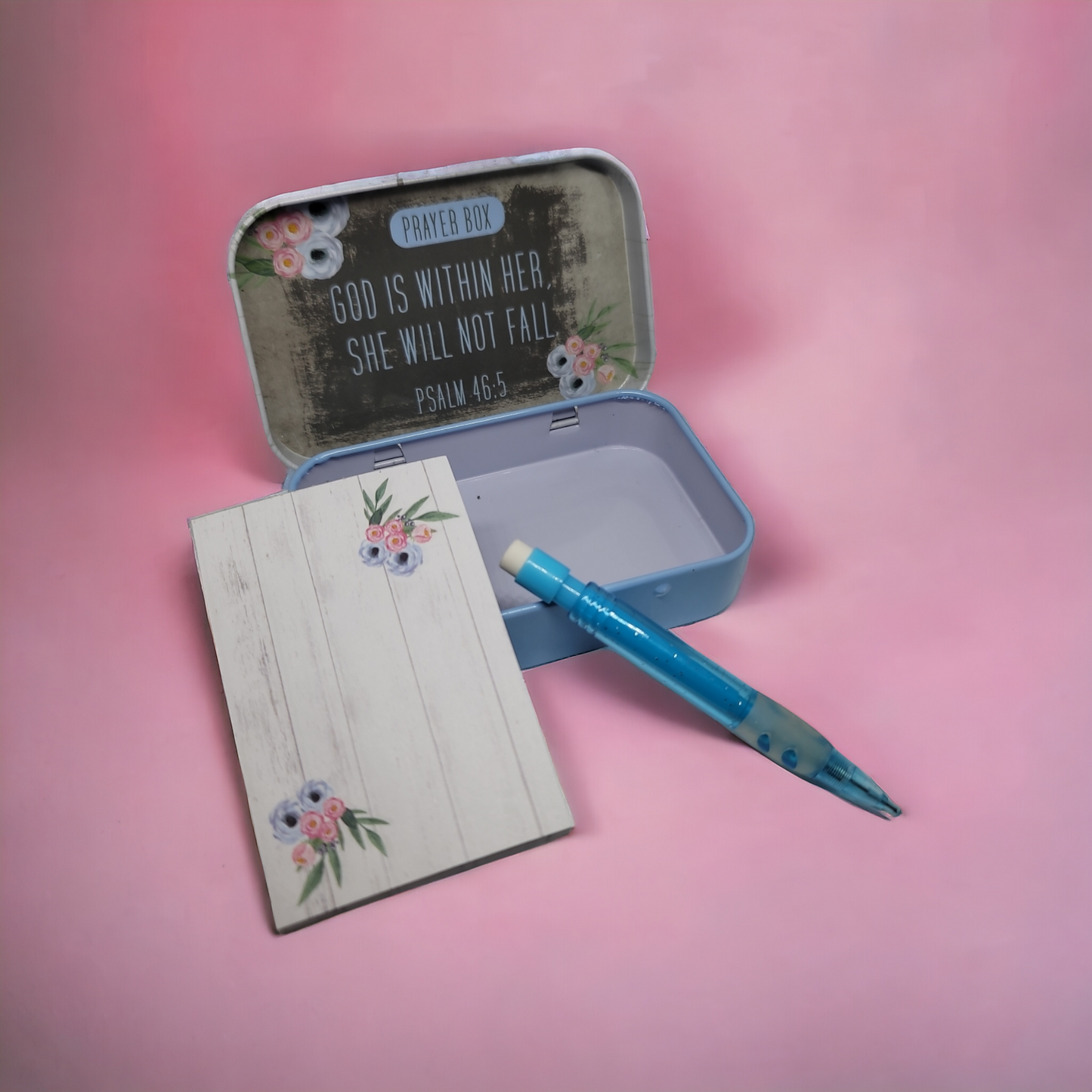 Metal Tin Prayer Box Mini Notepad Pencil