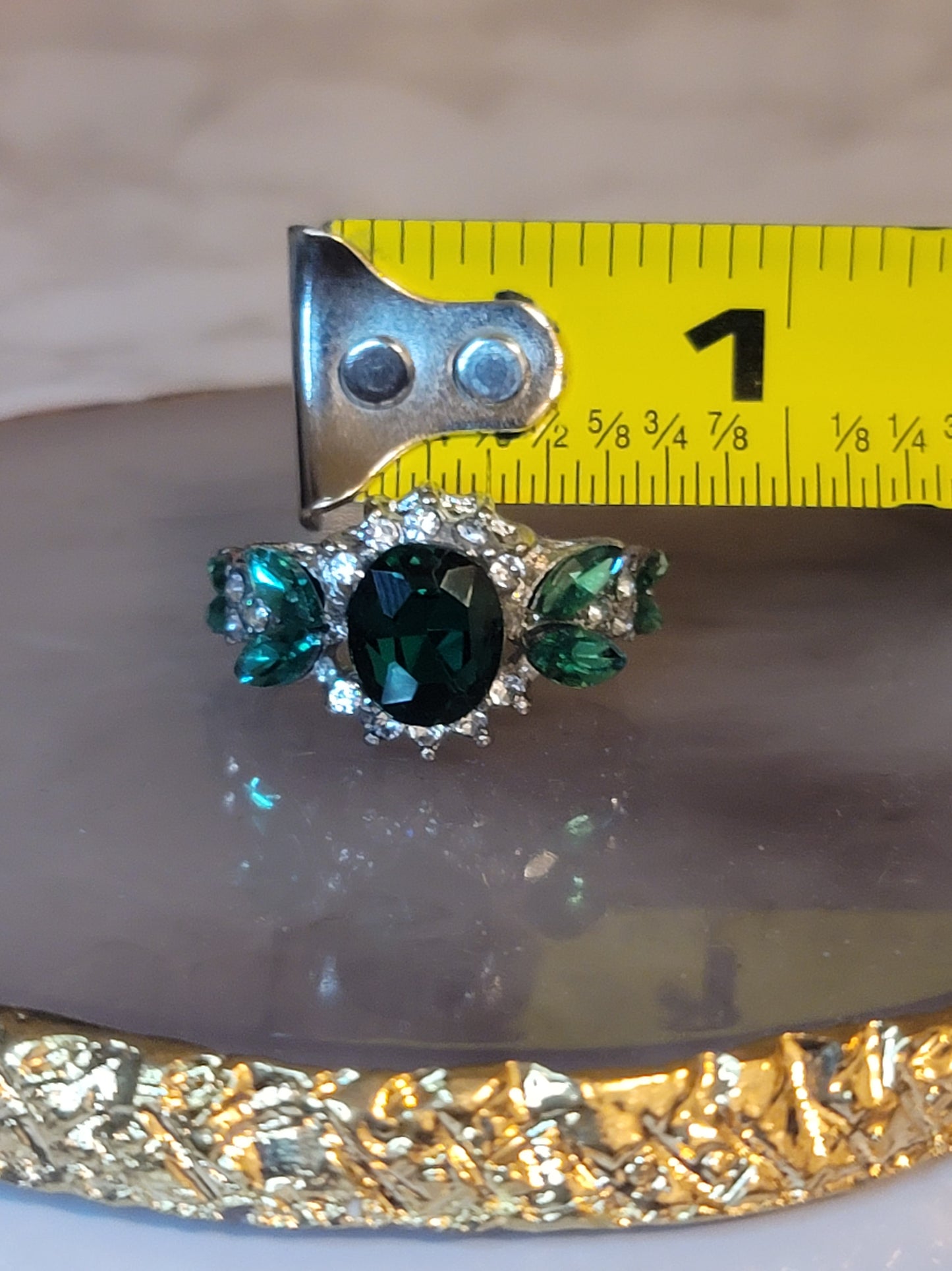 Green emerald and rhinestones silver ring size 7 1/2