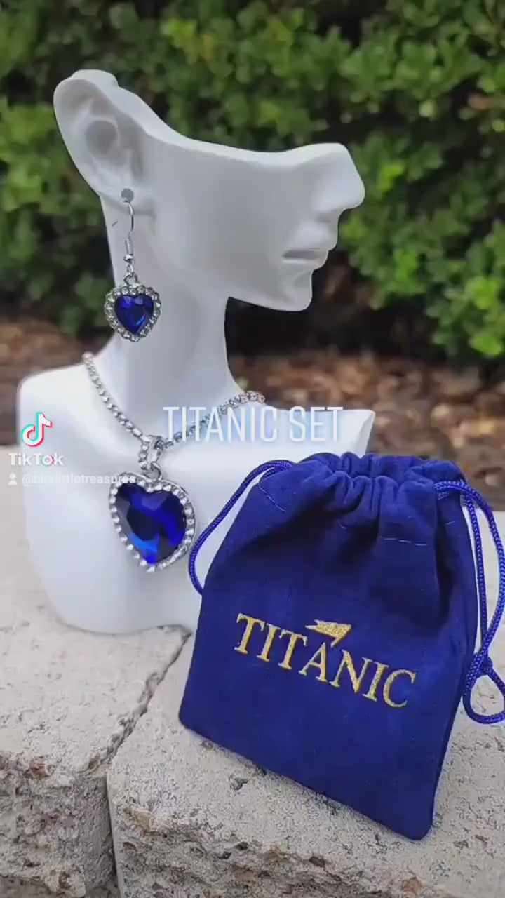Titanic inspired blue heart of the ocean CZ crystal sterling silver necklace and earrings set Titanic velvet Pouch