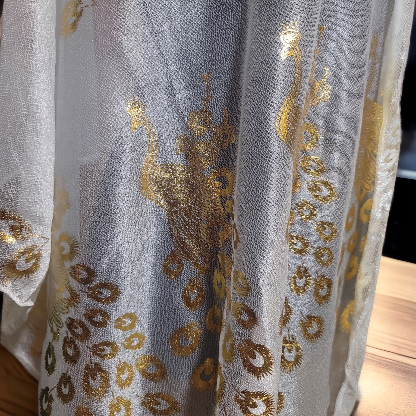 White and gold Peacock scarf wrap
