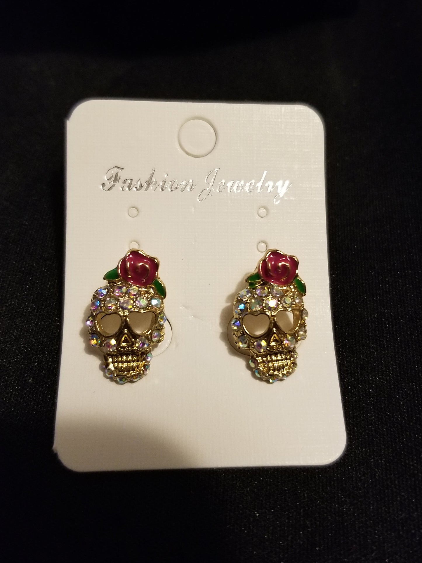 Rhinestone Rose Skull Gold post Stud earrings