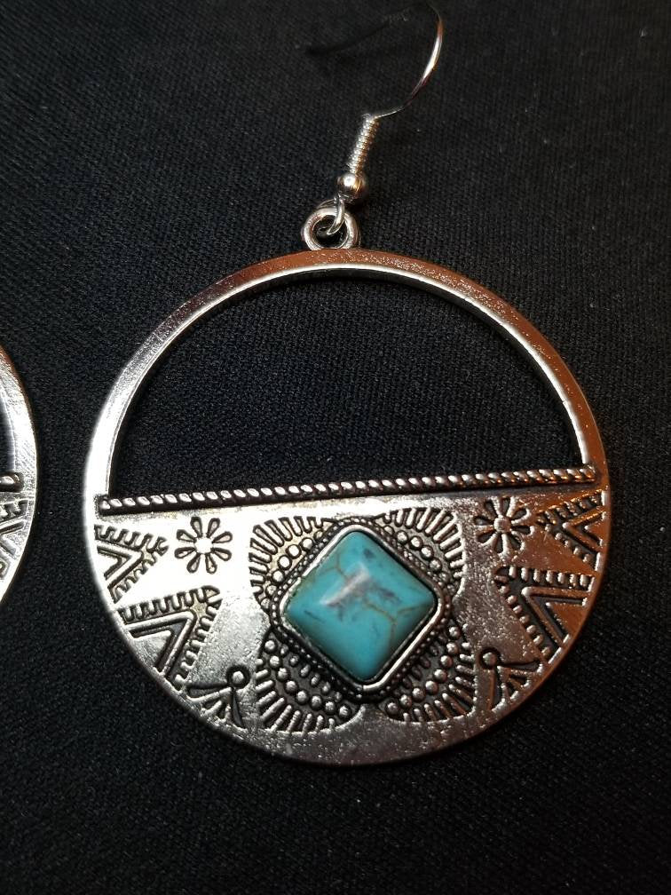 Silver Turqouise sterling silver hook carved design dangle hoop metal earrings