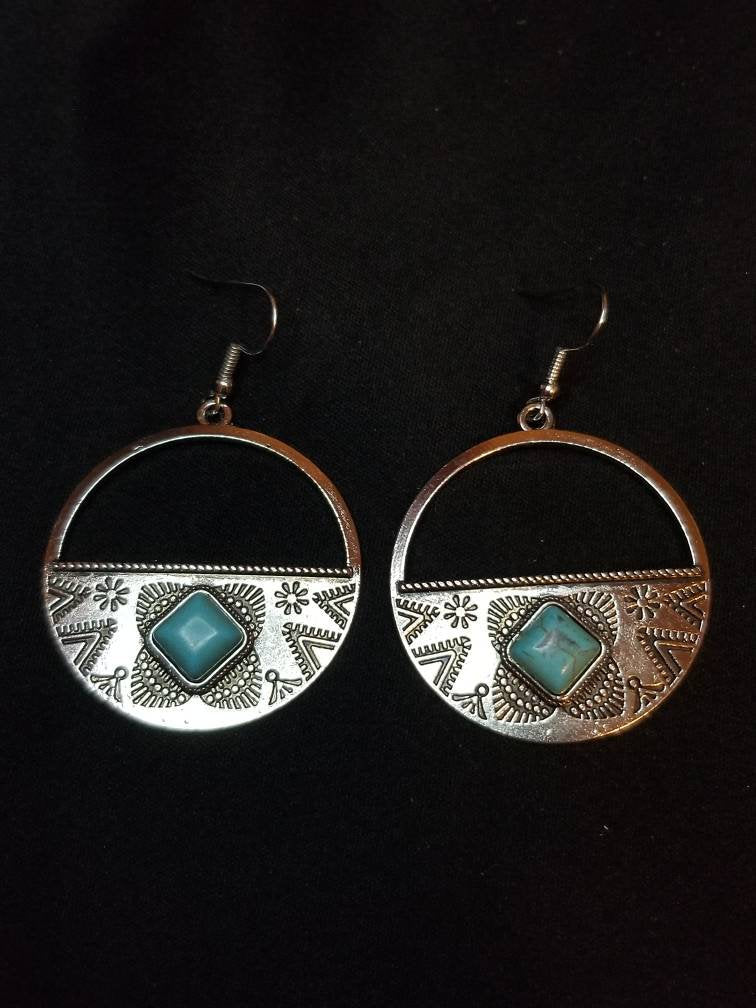 Silver Turqouise sterling silver hook carved design dangle hoop metal earrings