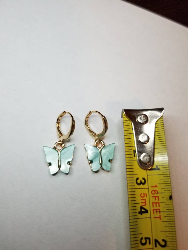 Butterfly gold blue acrylic Pearl dangle charm alloy earrings