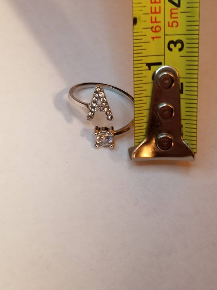 Silver A initial rhinestone adjustable ring