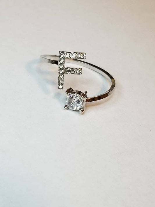 Silver F initial rhinestone adjustable ring