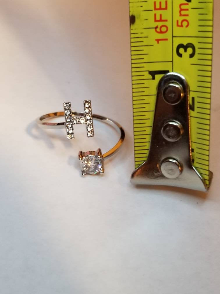 Silver H initial rhinestone adjustable ring