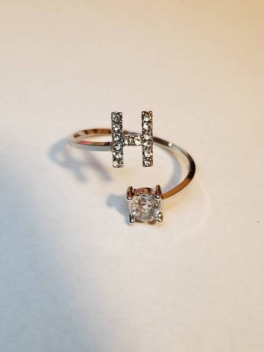 Silver H initial rhinestone adjustable ring