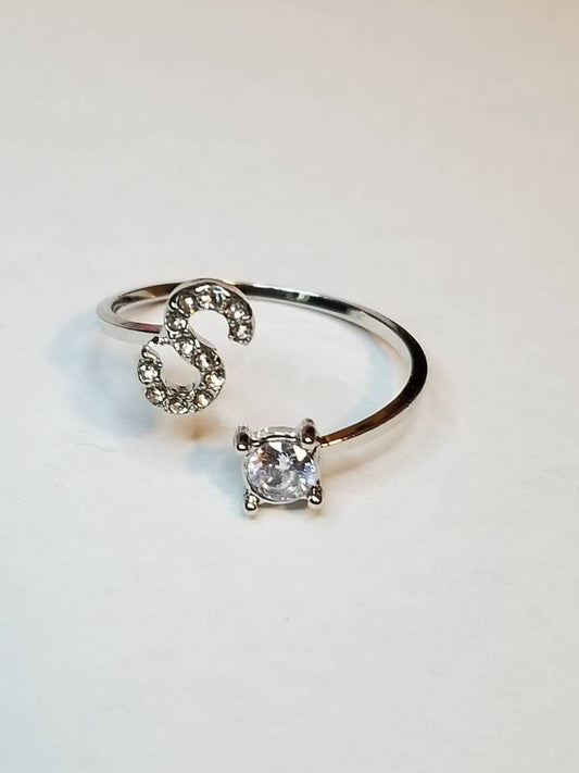 Silver S initial rhinestone adjustable ring