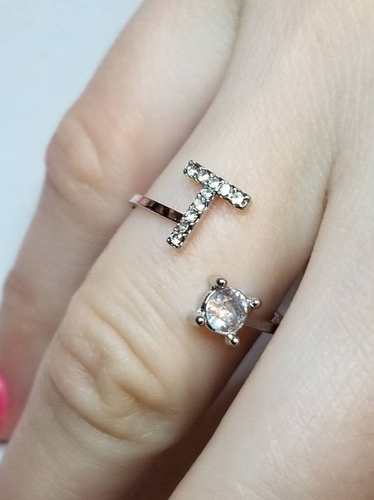 Silver T initial rhinestone adjustable ring