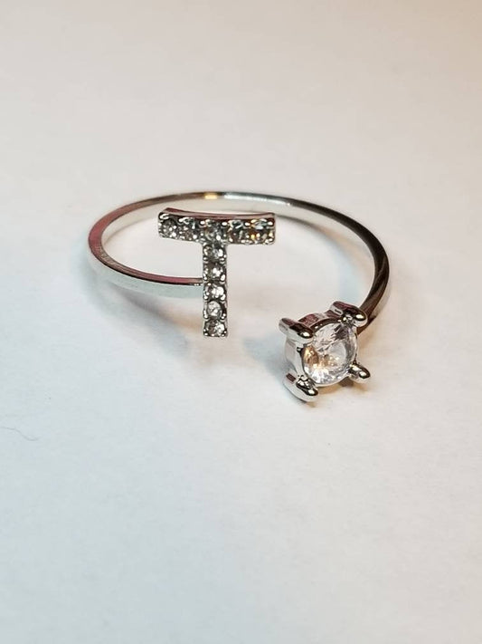 Silver T initial rhinestone adjustable ring