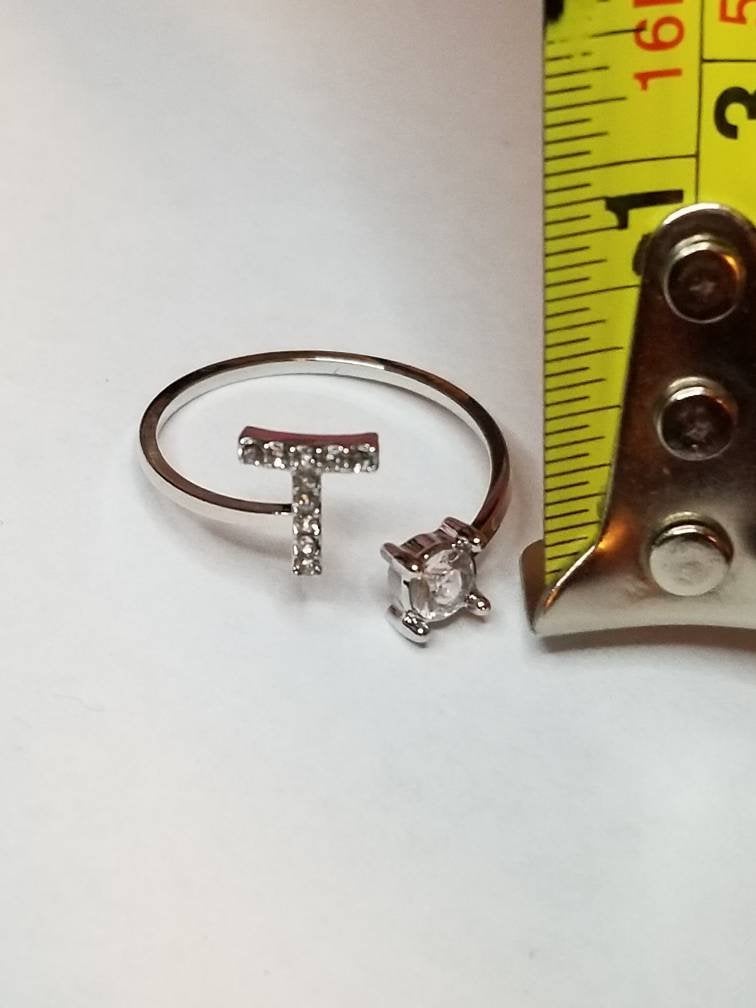 Silver T initial rhinestone adjustable ring