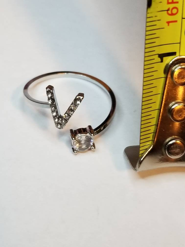 Silver V initial rhinestone adjustable ring