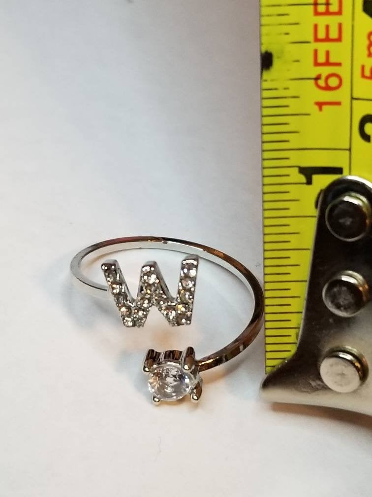Silver W initial rhinestone adjustable ring