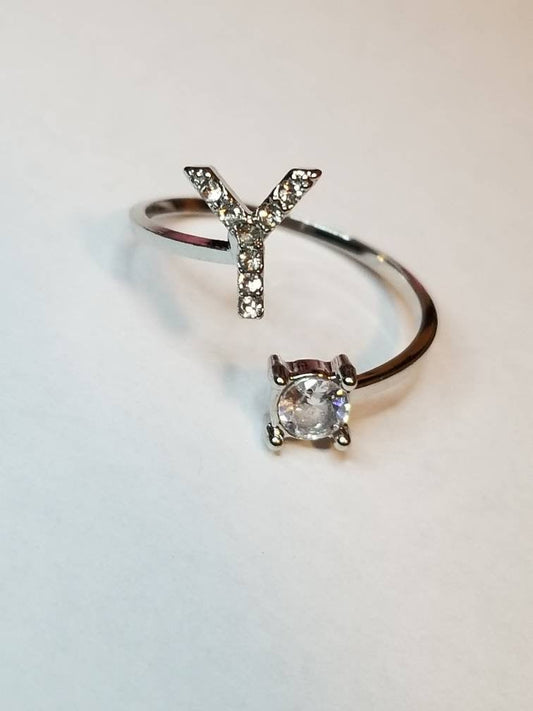 Silver Y initial rhinestone adjustable ring