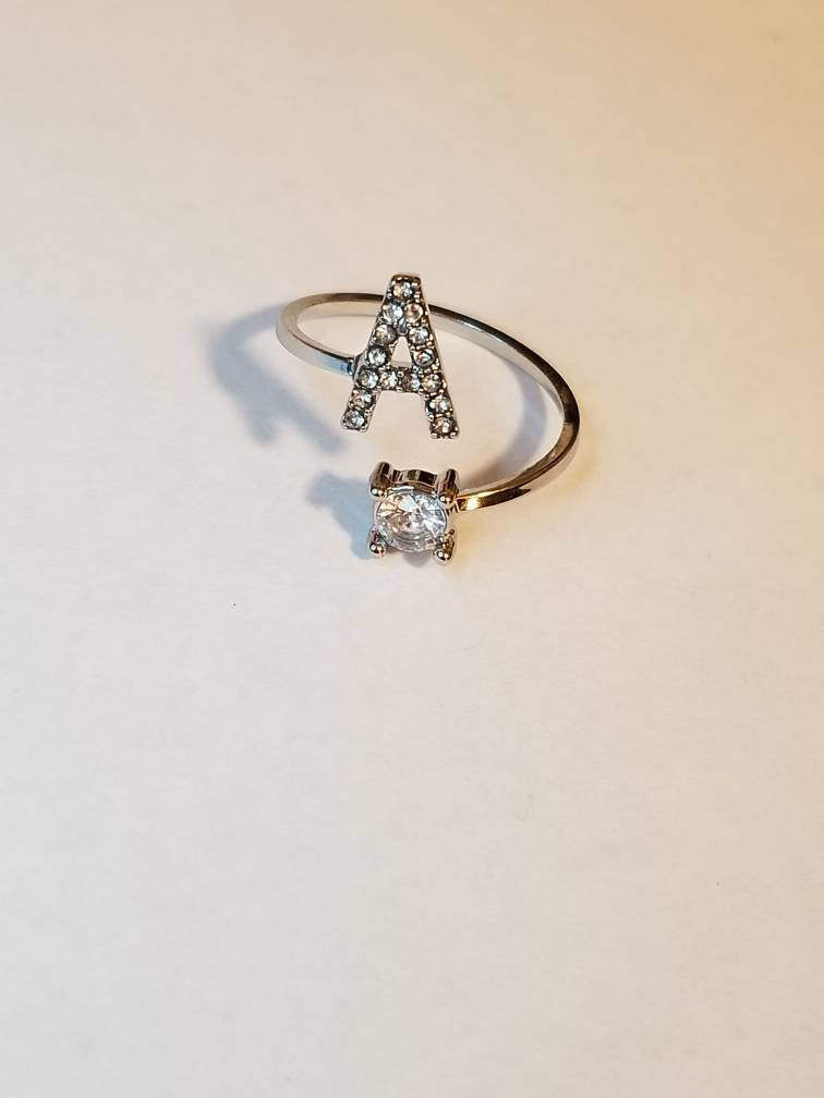 Silver A initial rhinestone adjustable ring