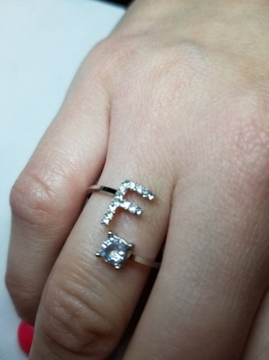 Silver F initial rhinestone adjustable ring