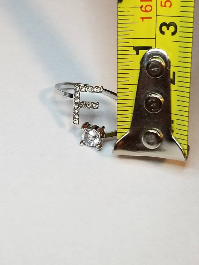 Silver F initial rhinestone adjustable ring
