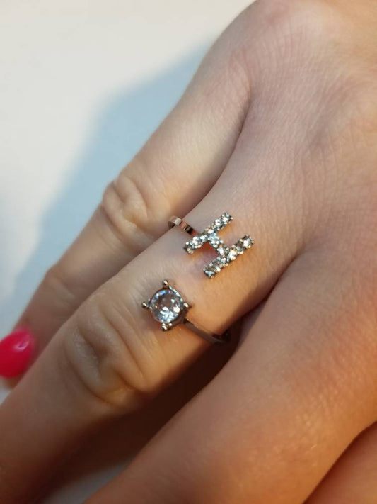 Silver H initial rhinestone adjustable ring