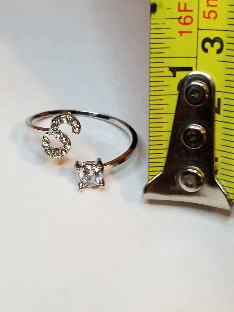 Silver S initial rhinestone adjustable ring